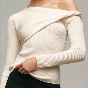 Reformation Cream Off-the-Shoulder Ribbed Sweater